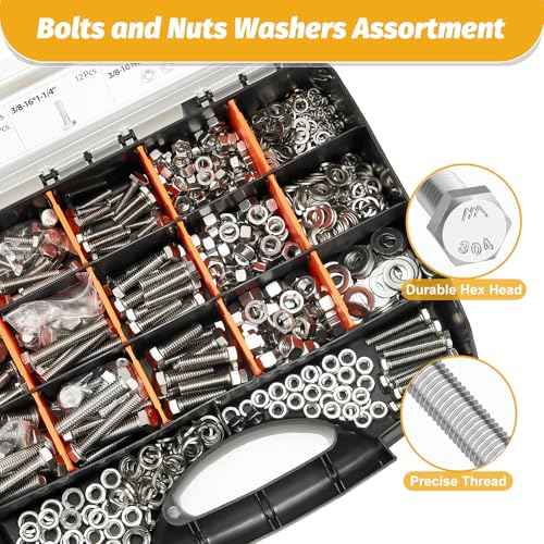Kadrick 744Pcs 18-8(304) Stainless Steel Hex Bolts Assortment,1/4-20 5/16-18 3/8-16 Heavy Duty Bolts and Nuts Kit, Assorted SAE Bolts Nuts Flat&Lock Washers,Lenth Form 1/2''-2''