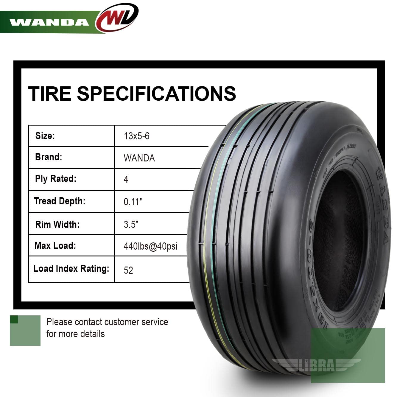 WANDA Set 2 13x5.00-6 Rib Lawn Mower Utility Cart Turf Tires 13x5x6 /4 ply - 13080...