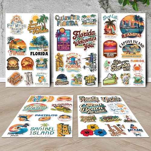 Florida State Travel Stickers 50 Pieces Vinyl Waterproof Decal for Laptop Water Bottle Phone Car Window Bike Motorcycle Stakeboard Scrapbook Floridas Sticker Gifts