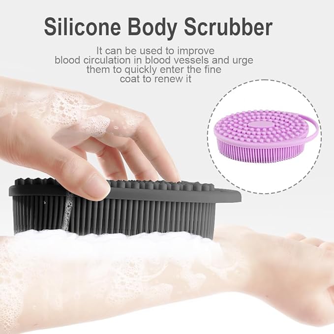 Soft Silicone Body ShowerÃ¯Â¼Â Exfoliating Silicone Body Scrubber, Silicone Loofah 2 in 1 Bath and Shampoo Brush, Body Scrubber Shower Easy to Clean for Sensitive Skin, Lather Well 2 PCS Black and Purple