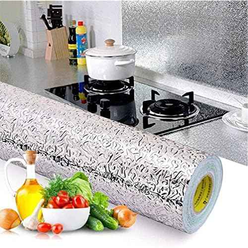 Kitchen Wallpaper Oil Proof Sticker Backsplash Aluminum Foil Self-Adhesive Paper Silver Cabinet Liner Shelf Liner Waterproof and Heat Resistant Peel and Stick Backsplash(15.7X118 Inches)