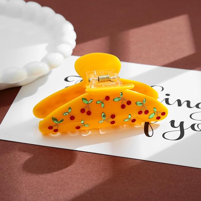 LILIE&WHITE Yellow Acrylic Hair Clips For Women Cherry Hair Clip Claw With The Rhinestone Pattern In Red Cherry Strong Hair Fix Hair Clips Jewelry Fashion Present For Women Hair Accessory