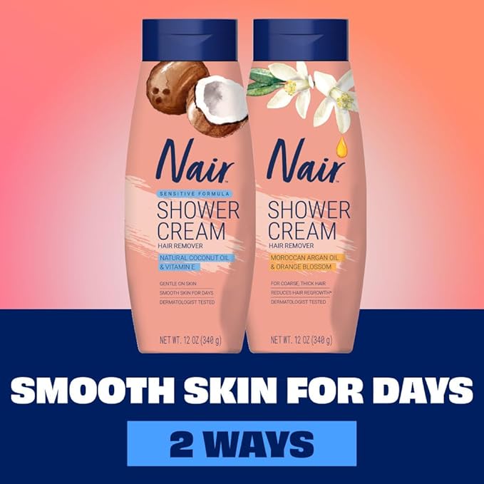 Nair Sensitive Shower Cream Hair Remover with Natural Coconut Oil and Vitamin E, Body Hair Removal Cream, 12 oz (Pack of 2)