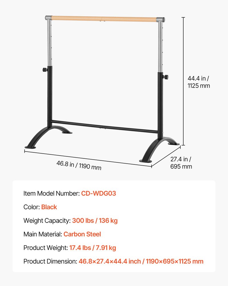 VEVOR Ballet Barre, 4 Ft Barre Bar for Home, Freestanding Portable Ballet Stretching Dance Bars, Height Adjustable Anti-Wobble Fitness Gym Studio Equipment, for Pilates Balance Workout
