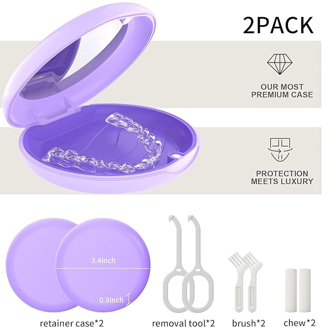 2 Pack Retainer Case with Mirror, Compatible with Invisalign, Slim Aligner Case for Travel, Includes Removal Tools, Seaters & Brush, Magnetic Secure Closure Retainer Box - Purple