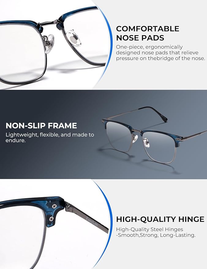 ZanyLen Blue Blocker Glasses for Men Metal Browline Computer Gaming Glasses Filter Blue Ray