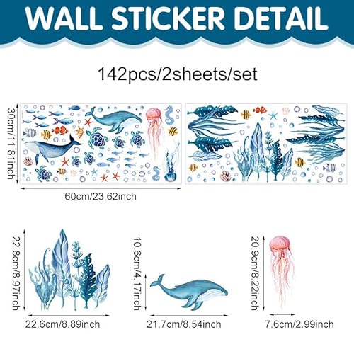 142 Pcs Ocean Wall Decals, Marine Life Peel and Stick with Turtles & Whale Shark, Non-Toxic Vinyl Stickers for Kids Room Nursery Bathroom Decor (Blue)