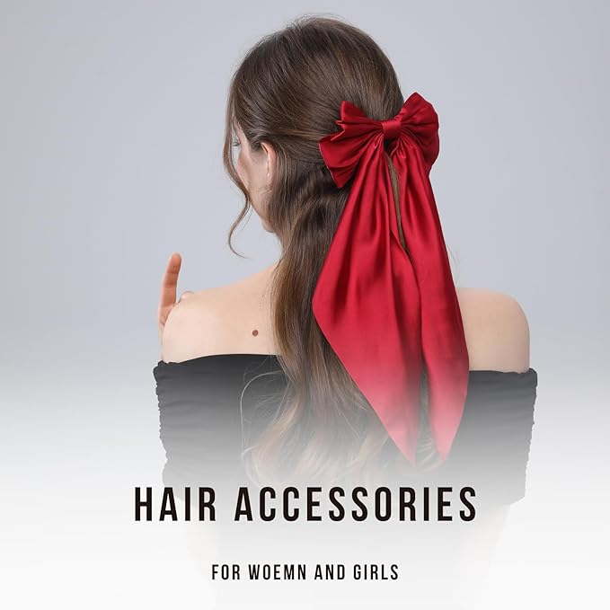 2PCS Big Hair Bow Clips for Women Girls Ã¢ÂÂ Red Satin Ribbon Bow Barrettes with Long Tails, Large Hair Accessories for Ponytail, Holiday, Party & Date Night