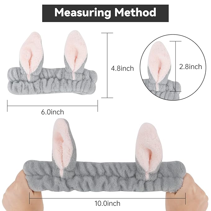 YISSION Cute Bunny Ear Spa Headband for Women and Girls - Soft Plush Makeup Headband for Face Washing, Skincare, Shower, Easter Party Favors (2 Pack, White & Gray)