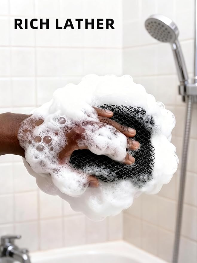 Cleangor 2Pcs African Net Sponge Authentic with Knots - Exfoliating Body Scrubber for All Skin Types, African Bath Sponge, Wash Cloth, Gentle Exfoliation Shower Rag for Women Daily Use (Black & Slate)