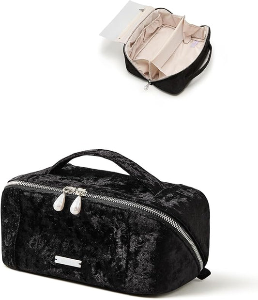 EACHY Travel Makeup Bag, Large Capacity Cosmetic Bag for Women, Waterproof PU Leather, Flat Open Portable Toiletry Bag for Skincare, Brushes & Travel Essentials