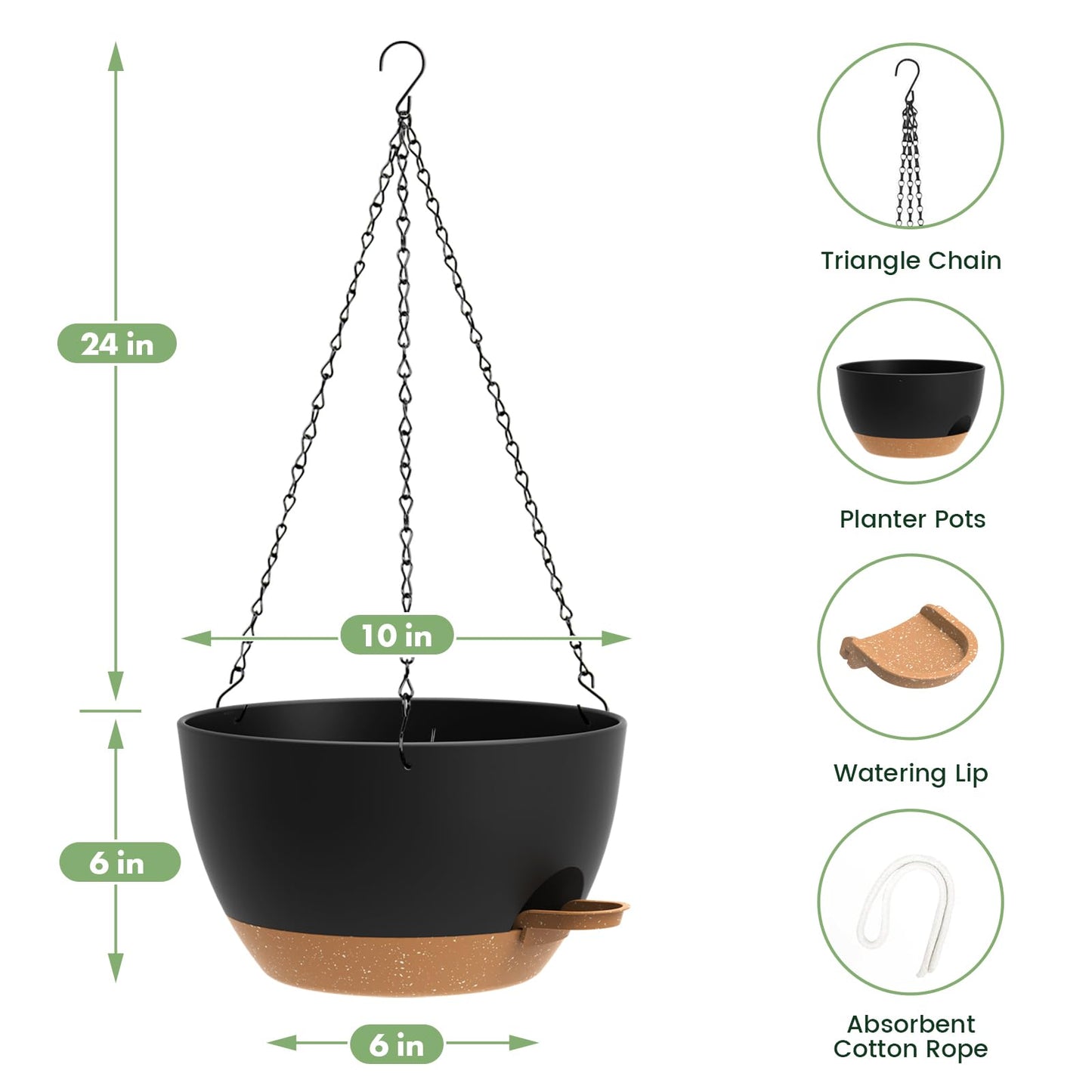 3 Pack 10 Hanging Flower Pots with Chains Self Watering Plastic Planters for Indoor Outdoor Plants, Sturdy Triangular Iron Chain Design for Garden PorchPlastic hanging flower pots (3, Black Brown)