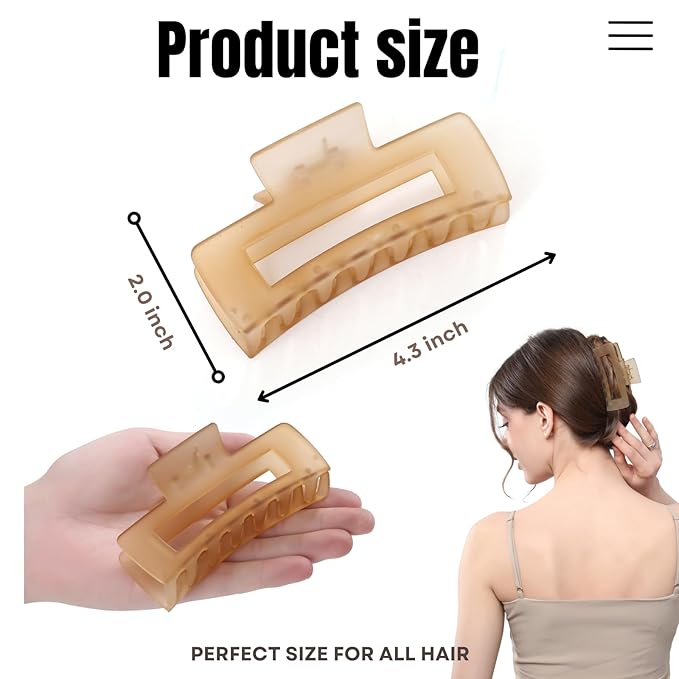 12 PCS Large Clear Square Hair Claw for Women, 4.3-Inch Matte Rectangle Clips, Strong Hold for Thick & Thin Hair