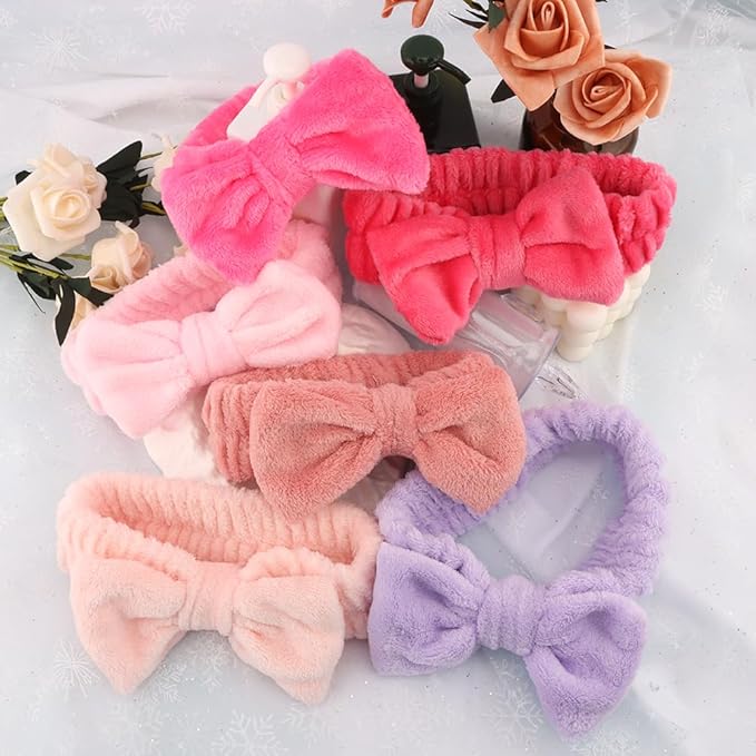 SPA Headbands for Washing Face Makeup Headbands with Bow Laurel Hair Band Women Facial Head Band Wrist Towel Wraps For Shower Face Mask Red Pink Purple, 6 Pack