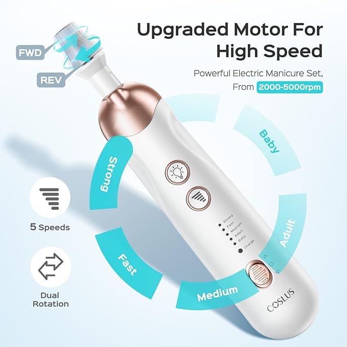 COSLUS C30 Professional Manicure Pedicure Kit: 5 in 1 Electric Nail File Set Toenail Grinder, 5 Speed Cordless Nail Drill for Thick Nail Toenail Cuticle, Hand Feet Trimmer Buffer for Women Men Baby