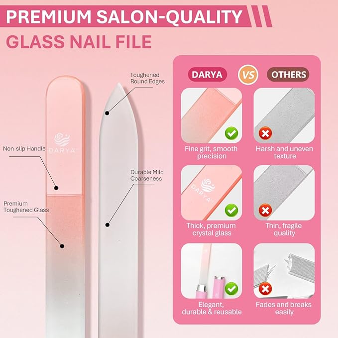 DARYA Crystal Glass Nail File Set (2 Pack) with Protective Case – Premium Double-Sided Etched Glass Fingernail Files for Natural Nails, Gentle Nail Care Manicure Tool for Women & Men