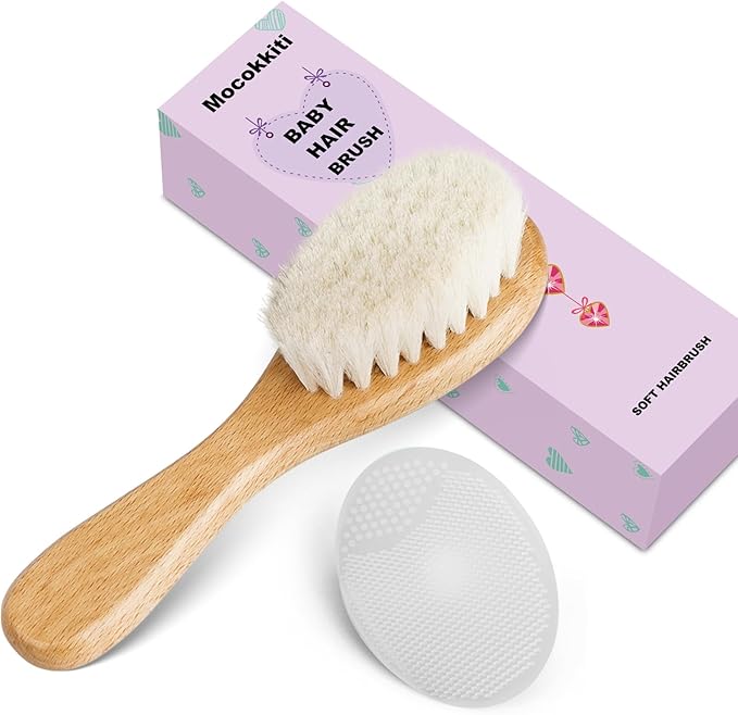 Baby Hair Brush and White Cradle Cap Brush Set for Newborns and Toddlers, Wooden Baby Hair Brush Set with Soft Goat Bristle, Baby Hair Care Kit (2PCS)