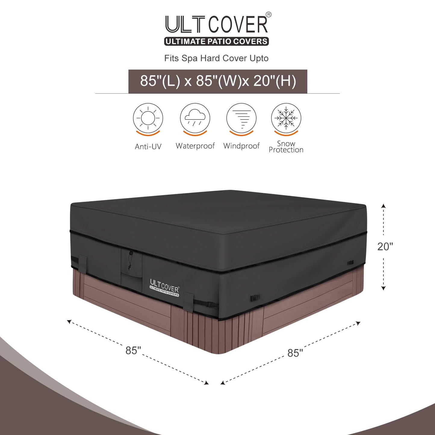 ULTCOVER Waterproof 600D Polyester Square Hot Tub Cover Outdoor SPA Covers 85 x 85 inch, Black