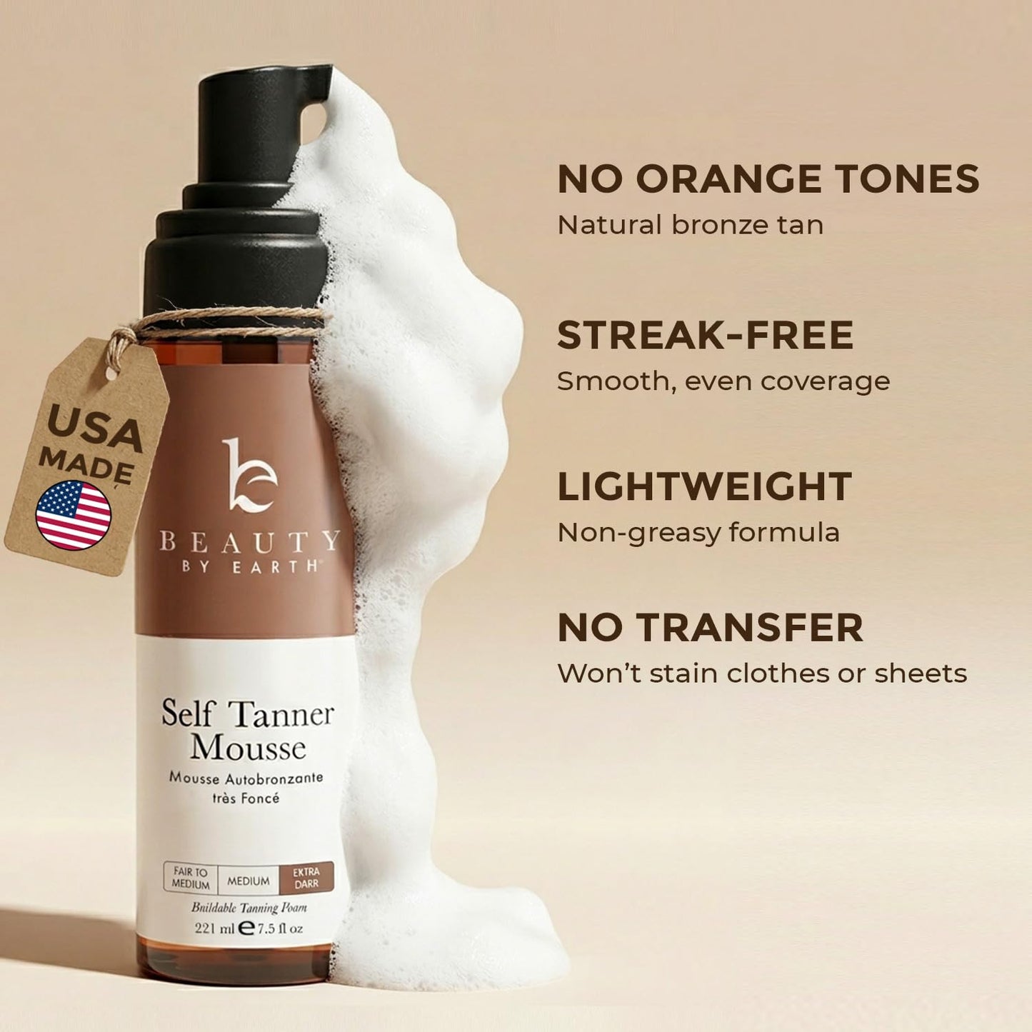 Self Tanner Mousse - USA Made with Natural & Organic Ingredients, Self Tanning Mousse Foam for Ultra Dark Fake Tan, Non Toxic Sunless Tanner for Darkest Streak Free Finish & Natural Looking Tan