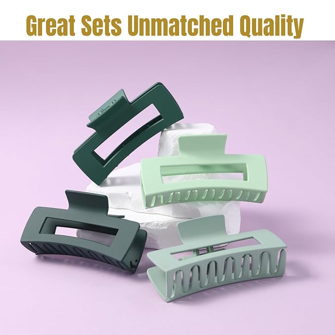 12 Pcs Green Large Square Hair Claw Clips for Women, 4.3-Inch Matte Rectangle Claw, Strong Hold Non-slip Hair Clips for Thick & Thin Hair