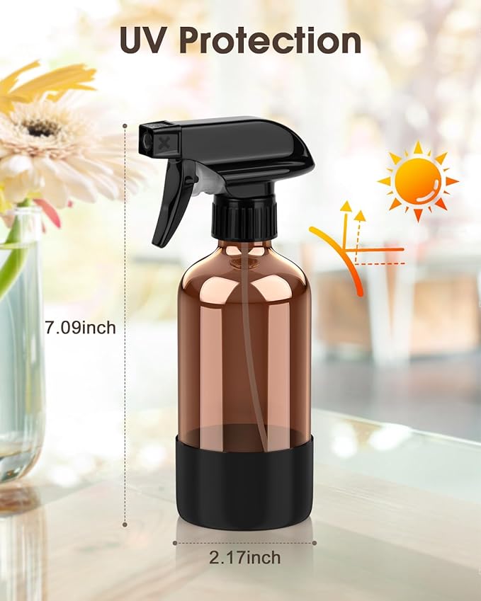 Bontip Glass Spray Bottle with Silicone Sleeve Protection, Amber Glass Spray Bottle Set for Window Cleaner Aromatherapy Facial Hydration Watering Flowers Hair Care 2 Pack/8 oz (Black & Orange)