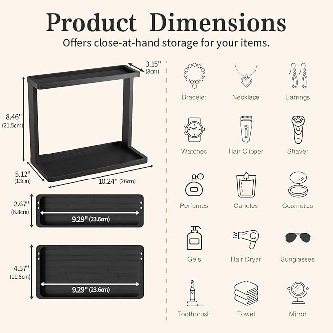 PEKER Bamboo Bathroom Organizer Countertop Ã¢ÂÂ Small Vanity Storage Shelf for Makeup, Perfume, Skincare Ã¢ÂÂ Natural Cosmetics Display Rack for Dresser, Sink, Kitchen Ã¢ÂÂBlack