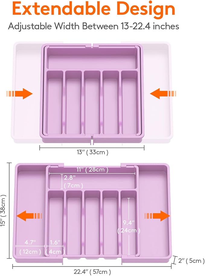 Lifewit Silverware Drawer Organizer, Expandable Utensil Tray for Kitchen, BPA Free Flatware and Cutlery Holder, Adjustable Plastic Storage for Spoons Forks Knives, 13-22 x 15", Purple