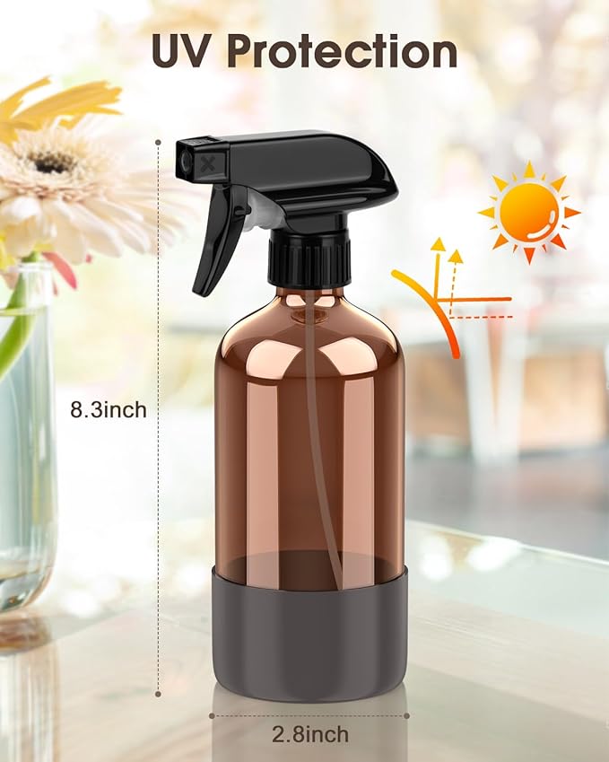 Bontip Glass Spray Bottle with Silicone Sleeve Protection, Amber Glass Spray Bottle Set for Window Cleaner Aromatherapy Facial Hydration Watering Flowers Hair Care 2 Pack/16 oz (Black & Grey, 16 oz)