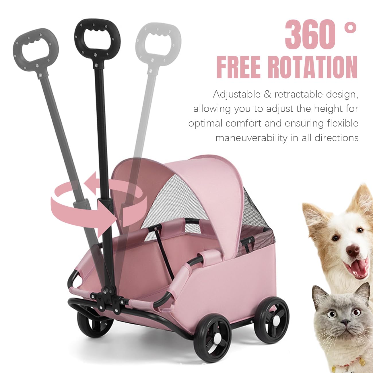 La La Pet 4-Wheel Dog Stroller with Sunshade Cover Collapsible Mesh Canopy Portable Pet Carrier for Outdoor Travel Shopping Walking Suitable for Small Dogs and Cats Pink