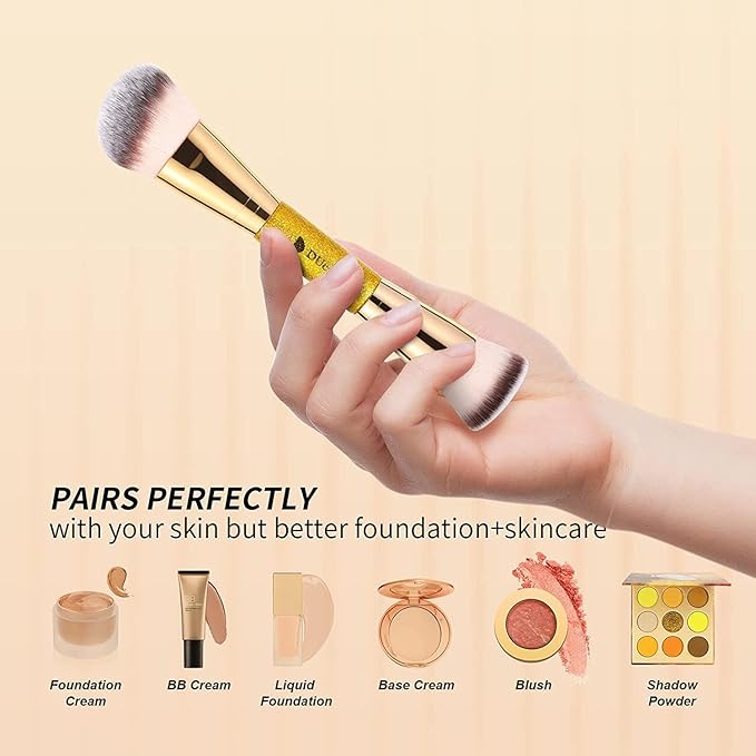 DUcare Dual End Foundation Contour Bronzer Brush, Gold Glitter Handle Double Ended Professional Face Makeup Tool for Liquid Cream Powder