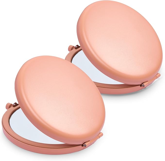 Compact Mirror for Purse, Metal Round Shell, Double-Sided 1X/2X Magnifying, Portable Travel Makeup Mirror, Mini Pocket Mirror, Coral, 2 Packs