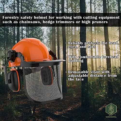 GardenPal Industrial Forestry Safety Helmet and Hearing Protection System, with Mesh Face Protection, Safety Helmet with Ear Muffs, Chainsaw Helmet, Chainsaw Face Shield, (Orange)