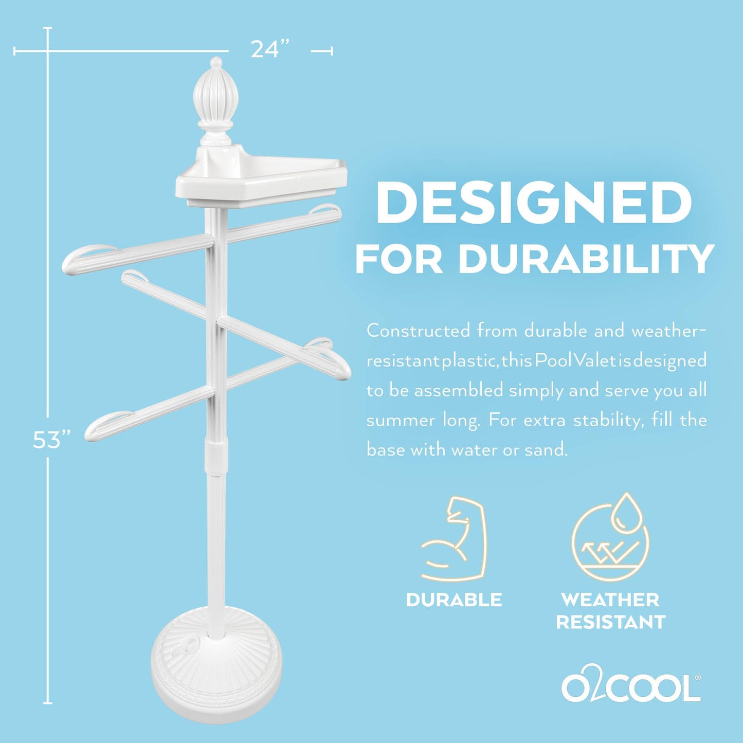 O2COOL Pool & Spa Valet, Adjustable Pool & Patio Towel Holder with Weighted Base, Outdoor Towel Bar, Poolside Table, White