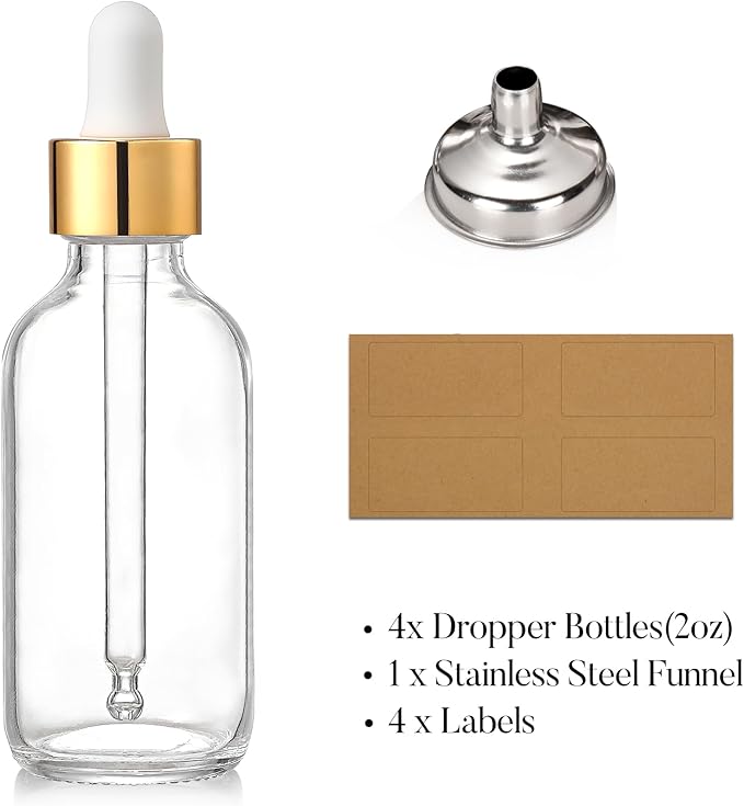 AOZITA Set of 4, 2 oz Golden Cap Clear Dropper Bottles (60ml) with 1 Funnel & 4 Labels - Glass Tincture Bottles for Essential Oils with Eye Droppers - Leak Proof Travel Bottles for Liquids