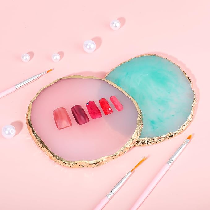 Pengxiaomei 2 Pcs Resin Green Pink Nail Art Palette, Nail Polish Palette Nails Tools Gold Edge Nails Supplies Easter Gifts for Women Easter Basket Stuffers