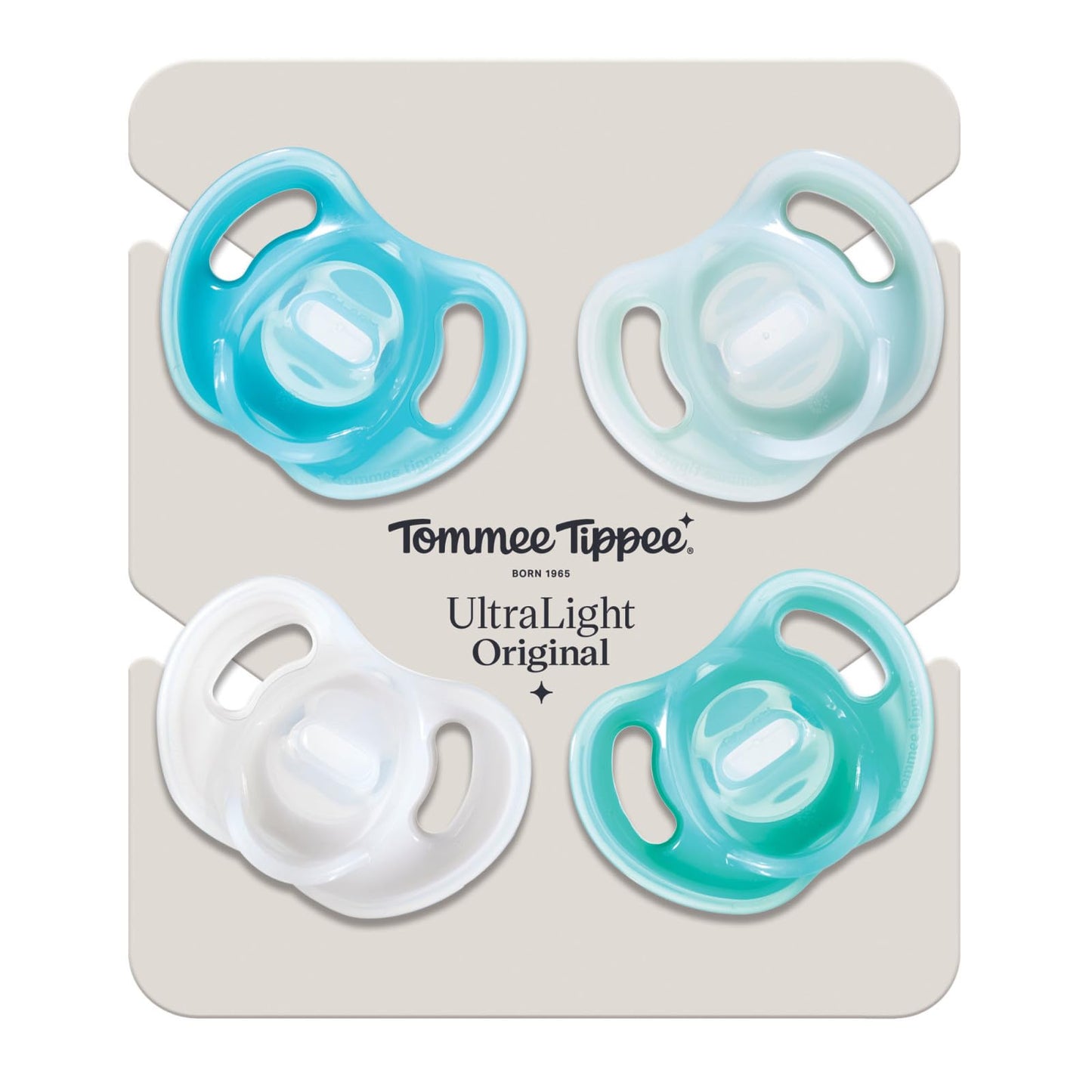 Tommee Tippee Ultra-Light Silicone Pacifier, 0-6 Months, Symmetrical One-Piece Design, BPA-Free Silicone Binkies, Blue/Green/Clear, Pack of 4
