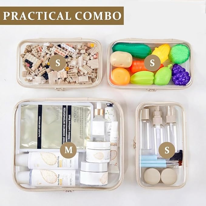 4 pcs Clear Zipper Pouches,Hard Shell Zipper Case, Toiletry Bag for Travel, CLear Diaper Bag, Toiletry Pouch, Travel Organizer, Cosmetic Bag,Toy Storage Bins (M+3S)(Ivory)