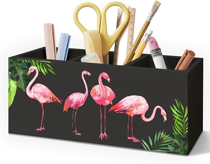 Tropical Pink Flamingo Wood Makeup Brush Toothbrush Holder Organizer for Vanity Bathroom,Pink Flamingo Gifts for Women,Girly Aesthetics Wooden Pen Pencil Holder for Desk Accessories(Black)