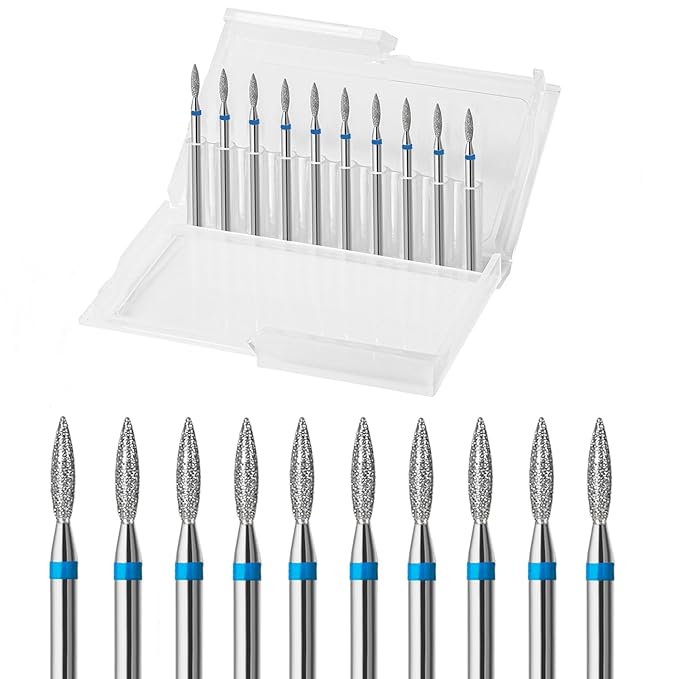 10pcs Diamond Flame Cuticle Drill Bits Set, Professional Cuticle Nail Drill Bits for Dead Skin 3/32'' Nails Dry Manicure Pedicure Shape Remove Nail Salon Tools (Medium-M)