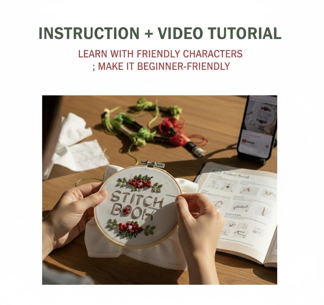TenDawn Basic Embroidery Starter Kit – 12 Essential Stitches, Fabric Practice Book for Beginners, Easy Entry Sewing Set