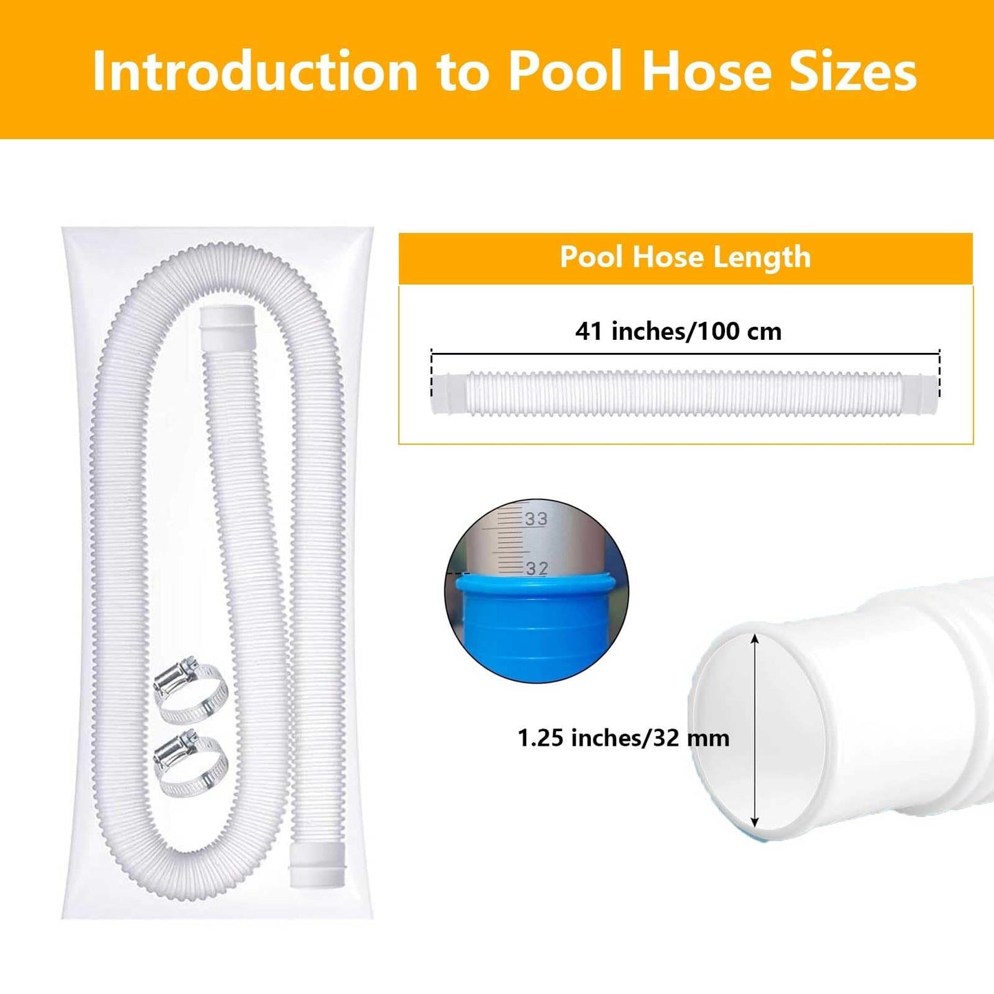 1-1/4-Inch Replacement Pool Hoses for Intex Coleman Bestways Above Ground Pools,1.25" Diameter Pool Hose Compatible with Intex Pump Models #607/#637 (White- 2 Pack)