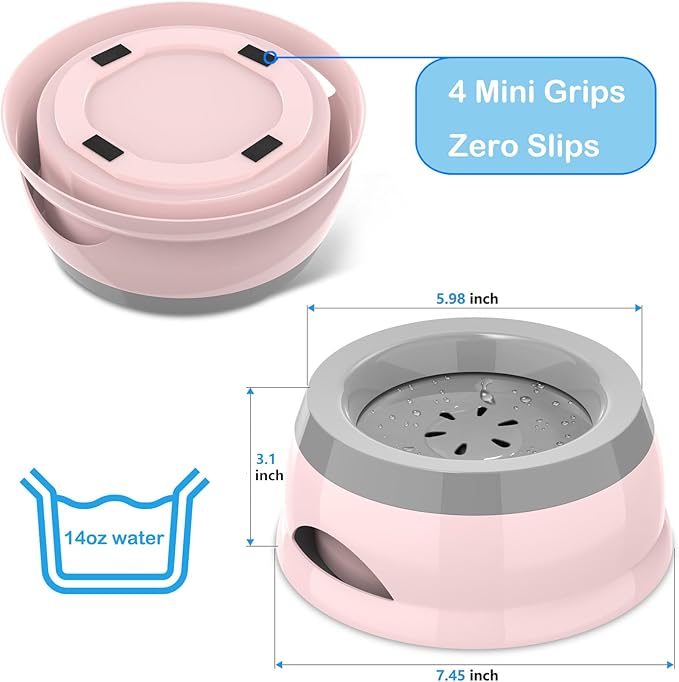 25oz Slow Drink Dog Water Bowl, No Spill Water Bowl for Dogs Cats, Non-Splash No Mess Puppy Kitten Water Feeder, Carried Portable Base for Vehicle Car,Travel,Home (Small/Medium Pets) - Pink