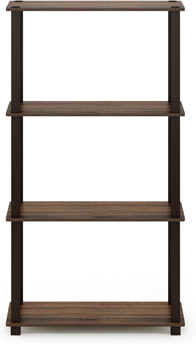 Furinno TURN-S-TUBE Storage Shelves, 4-Tier Book Shelf, Corner Shelf, Toolless Open Shelves, for Organization and Storage, Living Room, Garage, Home Office, Walnut