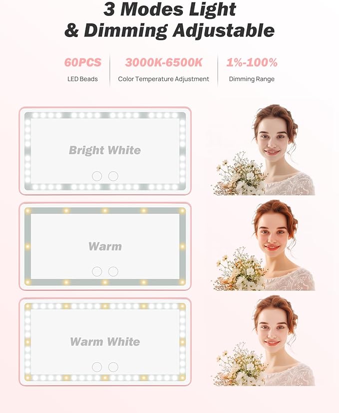 JOYTUTUS Car Sun Visor Vanity Mirror, Car Vanity Mirror With Lights, Makeup Mirror with 3 Light Modes & 60 LEDs, Rechargeable Car Mirror Dimmable Touch Control Travel Makeup Mirror for Car Truck SUV
