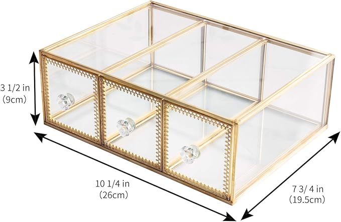 Antique Beauty Display Jewelry Case Holder Clear Glass 3 Drawers Palette Organizer, Cosmetic Storage, Makeup Container 3 Cube Holder/Beauty Dresser Vanity Cabinet Decorative Keepsake Box