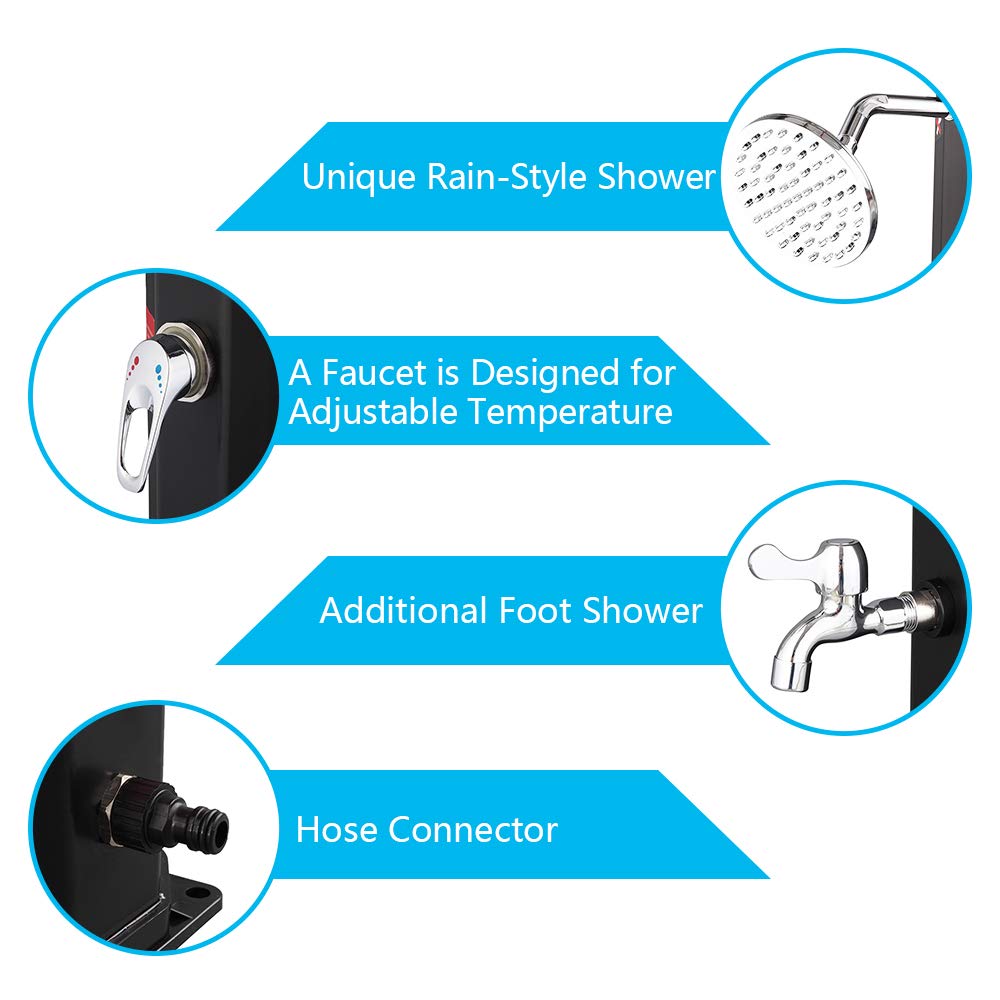 VINGLI 9.3 Gallon Solar Heated Outdoor Shower, 7.2 FT Height, Freestanding Outside Shower with 360° Swivel Shower Head & Foot Faucet, Hot & Cold Water Adjustment, Black