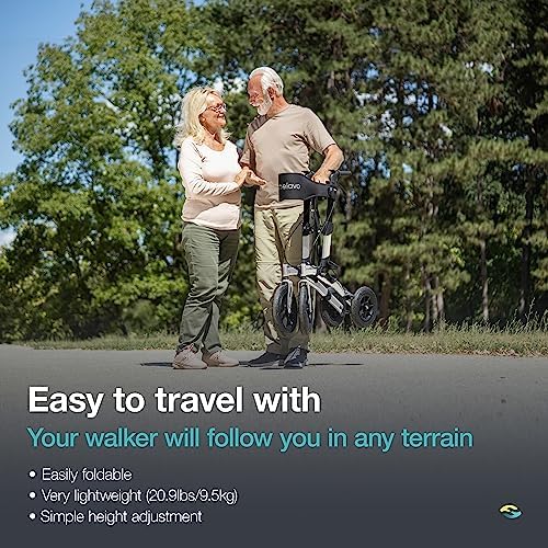Helavo All Terrain Walker with Puncture-Proof, Flat-Free Solid Rubber Tires, 12" Wheels - Foldable Outdoor Walker for Seniors with Seat, Ergonomic Handles and Extra Padded Backrest