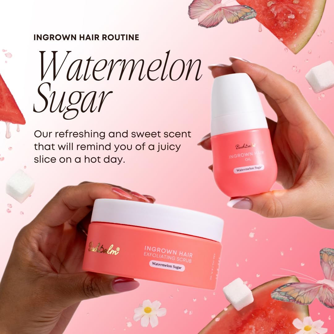 Bushbalm Ingrown Hair Exfoliating Scrub – Pre-Shave Sugar Scrub for Ingrown Hairs, Razor Bumps & Dry Skin – Gently Buffs & Soothes Sensitive Skin - Watermelon Sugar 236ml