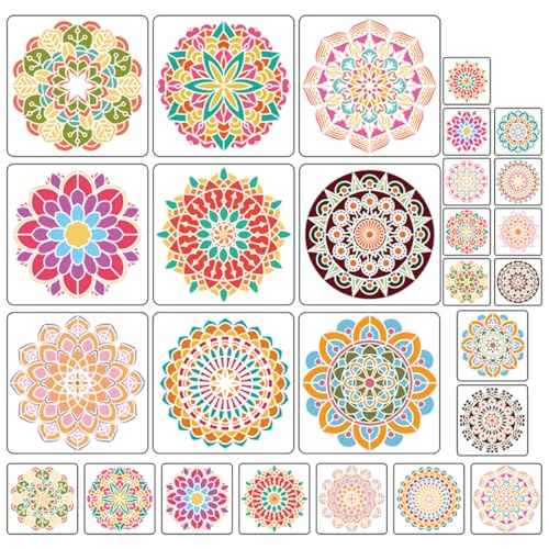 9 Pack Mandala Stencils for Painting,Reusable Paint Drawing Templates for Painting on Wood Floor Wall Canvas Tile Fabric,Creative Mandala Stencils for DIY Art Projects & Home Decor (12 inch)