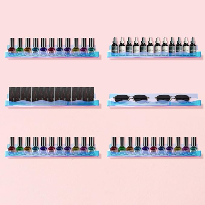 15" Nail Polish Rack Wall Mounted Floating Shelves Acrylic Paints Gel Polish Organizer and Storage with End Caps for Kid Room, Books, Nail Techs, Art Lovers, Great Display Salons, Rainbow